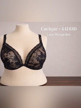 Cacique Black Lace Plunge Bra 44DDD Lined Plus Size